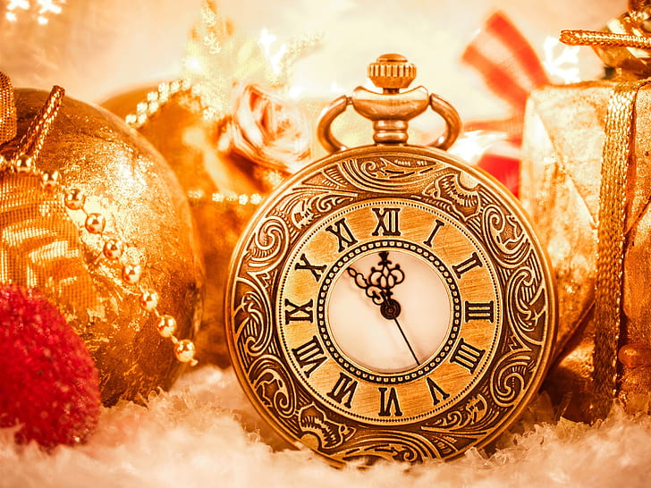 New Year, Christmas, clock, balls, New, Year, Christmas, Clock, Balls, HD wallpaper