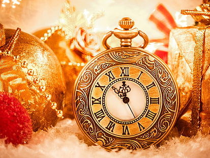 New Year, Christmas, clock, balls, New, Year, Christmas, Clock, Balls, HD wallpaper HD wallpaper