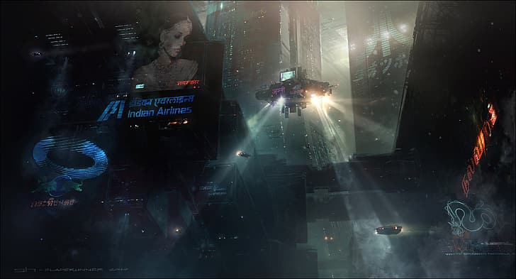 George Hull, fantastyka naukowa, futurystyczne miasto, Blade Runner 2049, Sztuka cyfrowa, latający samochód, drapacz chmur, megastruktura, światła, woda, wieża, budynek, reflektory, Tapety HD