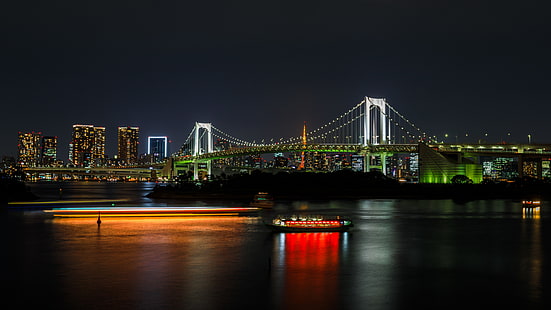Радужный мост, Токио, Одайба, Дайба, Япония, мост, Азия, ночь, темнота, городской пейзаж, Токийский залив, HD обои HD wallpaper