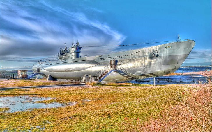 boat, ship, Germany, Navy, underwater, the beach, German, submarine, type, installed, average, U-995, HDR., Museum, Labe, near, HD wallpaper