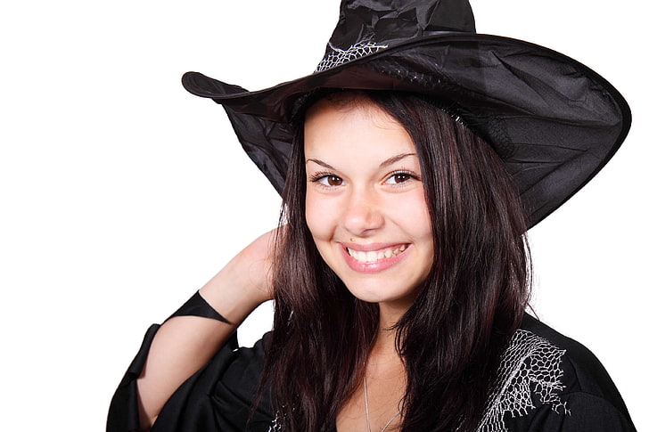 body, costume, cute, female, girl, halloween, happy, magic, smiling, witch, woman, young, HD wallpaper