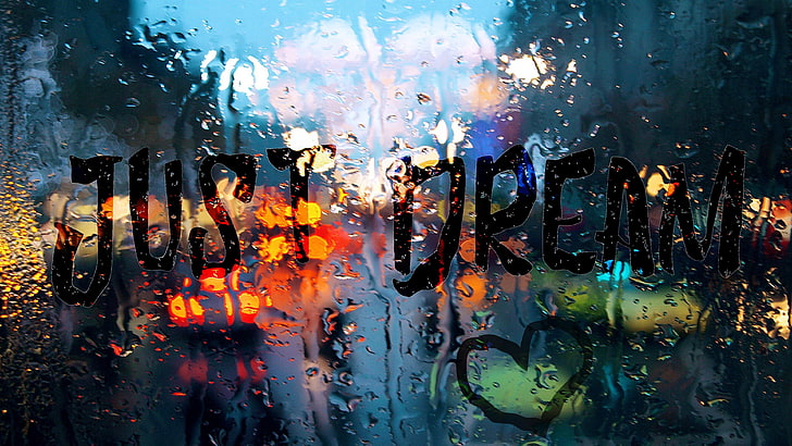 просто, мечта, текст, окно, дождь, мокрое стекло, сердце, красота, мокрое окно, вода, огни, романтично, HD обои