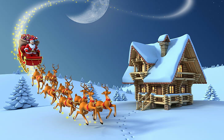 Navidad Santa Claus, Navidad, santa claus, año nuevo, árbol de navidad, nieve, renos, regalos, 3d, luna, Fondo de pantalla HD
