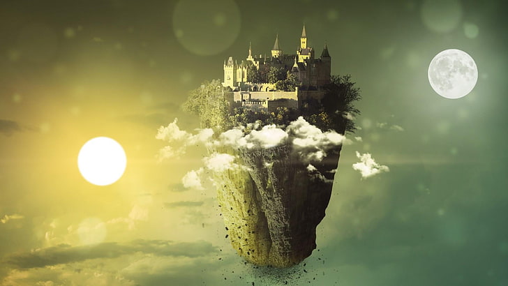 moon, castle, floating island, island, dreamland, HD wallpaper