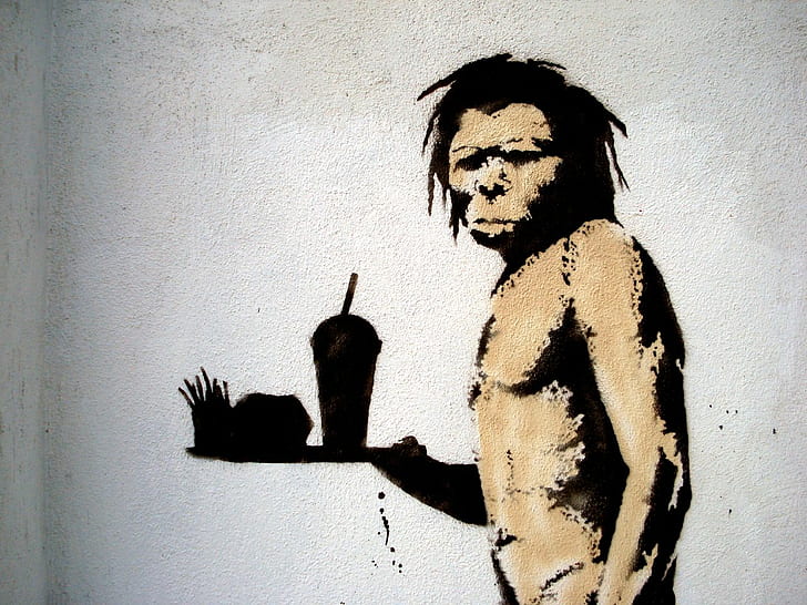 Neandertal mağara adamı Fast Food Graffiti Banksy HD, maymun illüstrasyon, dijital / sanat, grafiti, hızlı, gıda, banksy, mağara adamı, neandertal, HD masaüstü duvar kağıdı