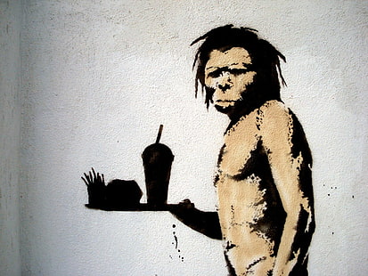 Neanderthal Caveman Fast Food Graffiti Banksy HD, illustrazione di scimmia, digitale / opere d'arte, graffiti, veloce, cibo, Banksy, uomo delle caverne, Neanderthal, Sfondo HD HD wallpaper