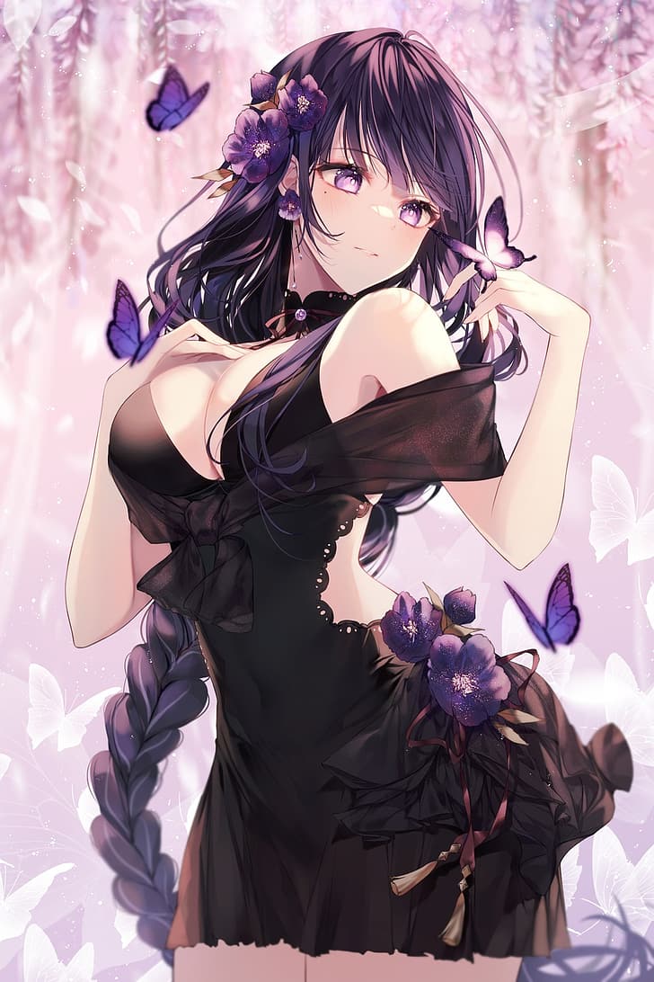 Raiden Shogun (Genshin Impact), Genshin Impact, cheveux violets, yeux violets, personnages du jeu, anime girls, œuvres d'art, fleur de cerisier, papillon, robe noire, décolleté, Fond d'écran HD, fond d'écran de téléphone