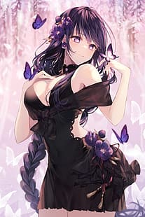 Raiden Shogun (Genshin Impact), Genshin Impact, фиолетовые волосы, фиолетовые глаза, игровые персонажи, аниме девушки, произведение искусства, цветение вишни, бабочка, чёрное платье, декольте, HD обои HD wallpaper