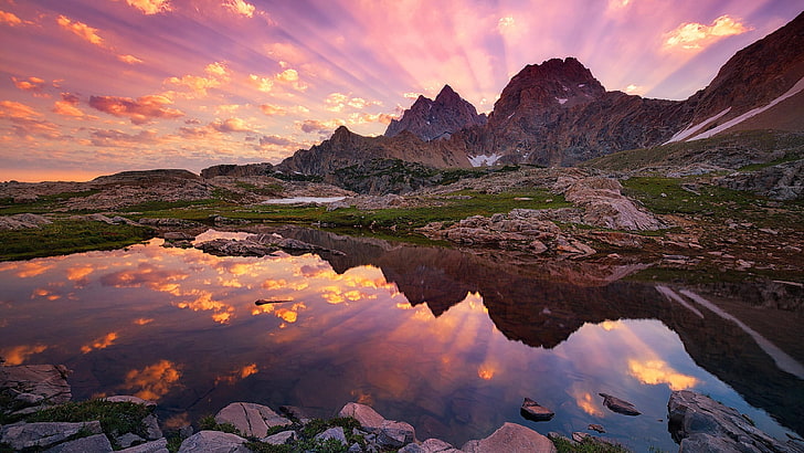 sunrise, sunray, reflection, amazing, lake, cracker lake, glacier national park, national park, HD wallpaper