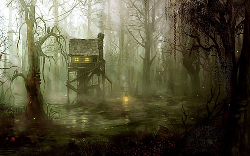 campfire, fantasy art, cabin, swamp, forest, witch, HD wallpaper HD wallpaper
