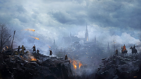 Fantasy, bitwa, katapulta, miasto, oblężenie, wojownik, Tapety HD HD wallpaper