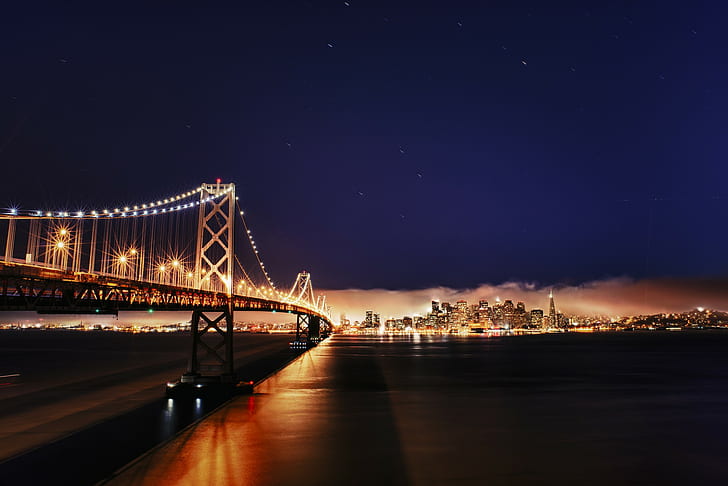 سان فرانسيسكو ، كاليفورنيا ، جسر بيستينج ، الولايات المتحدة الأمريكية ، جسر ، نهر ، أضواء ، كاليفورنيا ، المدينة ، سان فرانسيسكو ، جسر المضيق ، جسر بيستينج، خلفية HD