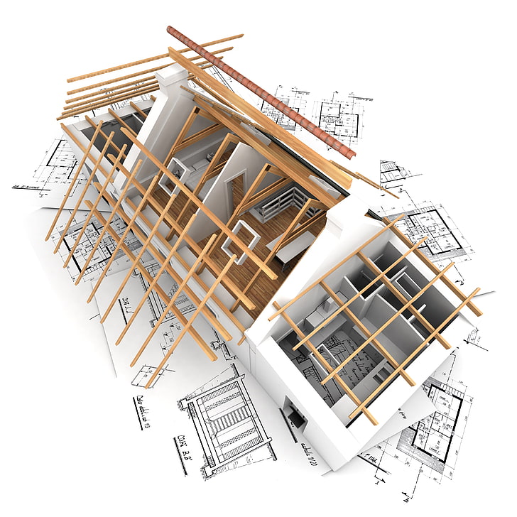 ilustração 3D de casa branca e marrom, casa, renderização, papel de parede, interior, plano, arquitetura, construção, quarto, layout, HD papel de parede