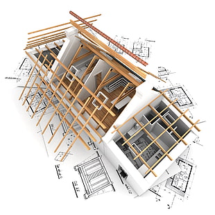 ilustração 3D de casa branca e marrom, casa, renderização, papel de parede, interior, plano, arquitetura, construção, quarto, layout, HD papel de parede HD wallpaper