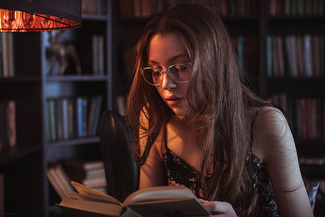 läsning, böcker, kvinnor med glasögon, kvinnor, modell, HD tapet HD wallpaper
