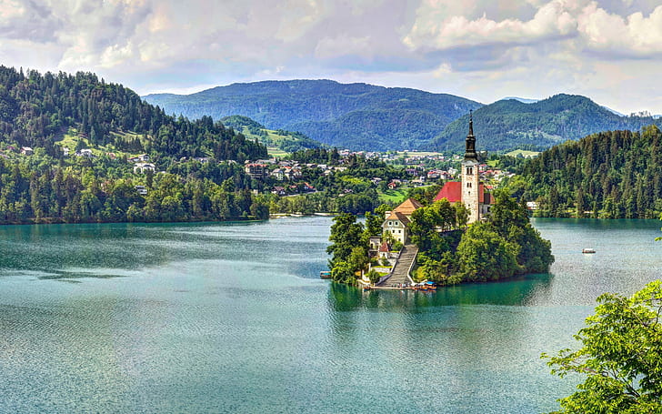 Lake Bled, Slovenien, Mariinsky kyrka, ö med byggnader och träd, kyrka, ö, Slovenien, Lake Bled, berg, sjö, Mariinsky kyrka, HD tapet