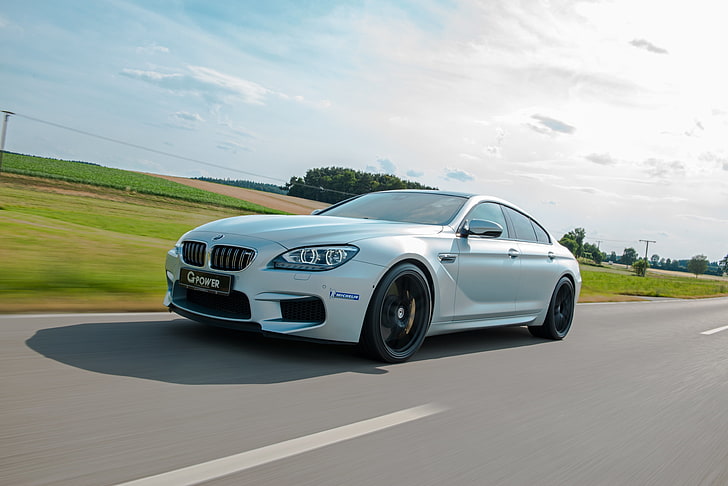 white BMW sedan, g-power, bmw, m6, speed, movement, side view, HD wallpaper