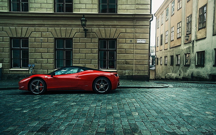 Ferrari, суперкар, улица, городская, здание, булыжник, Ferrari 458 Italia, Ferrari 458, угол, HD обои