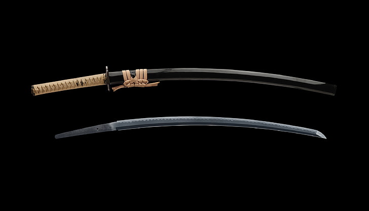 черный катана меч коллаж, япония, меч, катана, самурай, HD обои