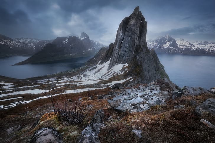 Lofoty, Lofoty, nordyckie krajobrazy, krajobraz, natura, skała, góry, zimno, śnieg, woda, Norwegia, Tapety HD