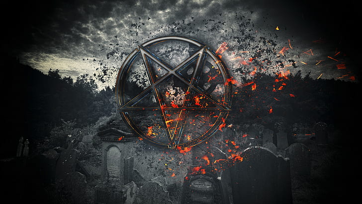 Ogień, cmentarz, pentagram pochodzi od diabła, Tapety HD