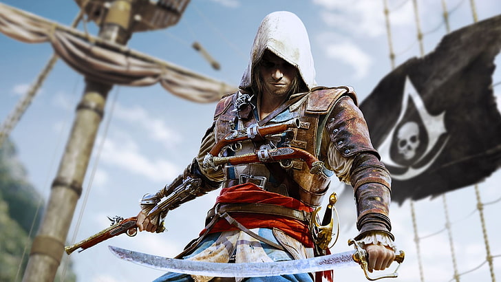 Assassin's Creed Черно знаме, фантазия, черно знаме, кораб, Assassins Creed, игра, човек, меч, пират, HD тапет