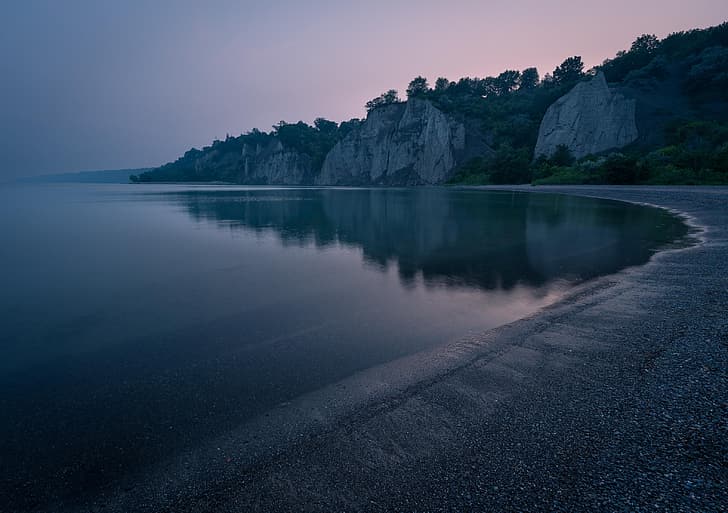 lake, nature, landscape, beach, sunset, dusk, Lake Ontario, Ontario, Canada, cliff, HD wallpaper