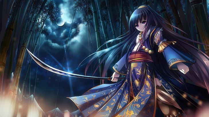 traditionelle Kleidung, Katana, originelle Charaktere, Anime-Mädchen, Schwert, Anime, Fantasy-Mädchen, Mond, HD-Hintergrundbild
