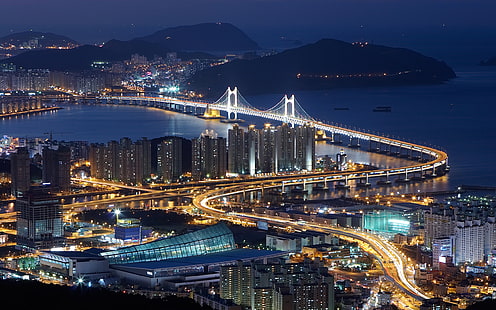 สะพาน, ปูซาน, เมือง, กวางอัน, เกาหลี, กลางคืน, ใต้, วอลล์เปเปอร์ HD HD wallpaper
