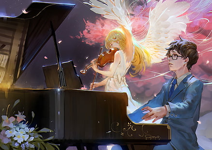 Shigatsu wa Kimi no Uso, wings, musical instrument, Miyazono Kaori, Arima Kousei, piano, violin, anime, HD wallpaper HD wallpaper