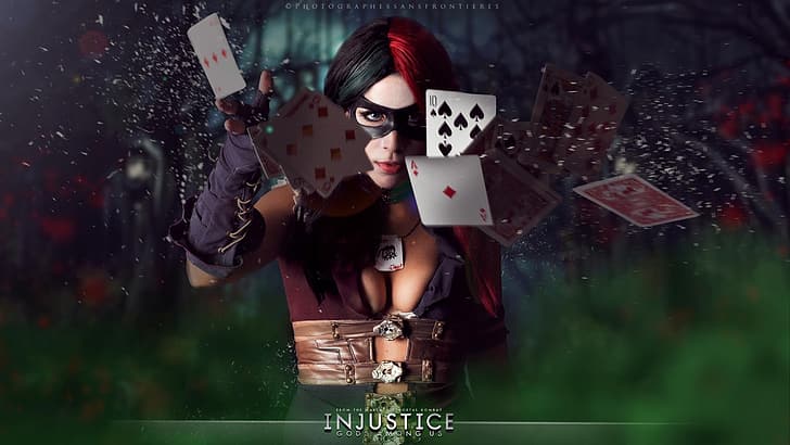 card, girl, mask, cosplay, fighting, harley quinn, Injustice: Gods Among Us, HD wallpaper
