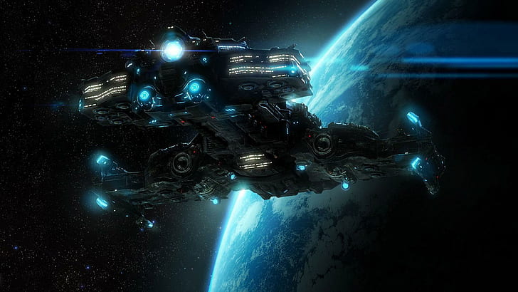 Battlecruiser - StarCraft, เรืออวกาศสีน้ำเงินและสีขาวดำ, เกม, 1920x1080, คราฟต์, เรือรบ, วอลล์เปเปอร์ HD