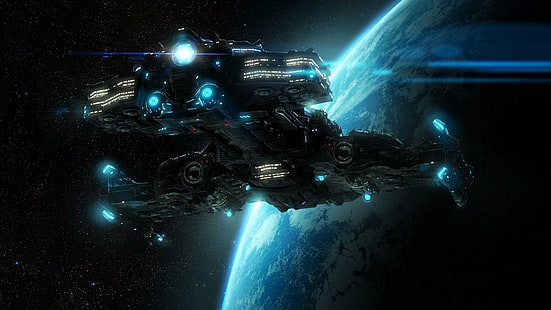 Battlecruiser - StarCraft, черен синьо-бял космически кораб, игри, 1920x1080, starcraft, battlecruiser, HD тапет HD wallpaper