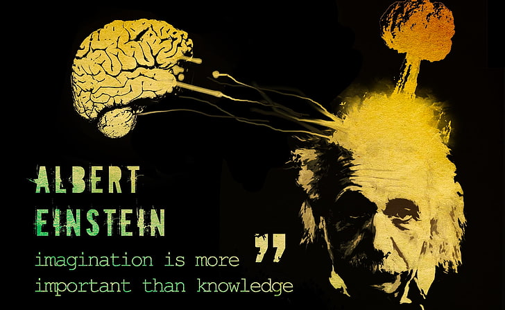 Wyobraźnia jest ważniejsza niż wiedza, ilustracja Alberta Einsteina, vintage, więcej niż, wyobraźnia, wiedza, ważne, Tapety HD