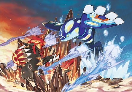 ilustração de monstros azuis e pretos, Pokémon, Groudon, Primal Groudon, Kyogre, Primal Kyogre, Pokemon Sapphire, Pokemon Ruby, HD papel de parede HD wallpaper