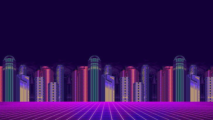 synthwave, 8 bits, paysage urbain, pixels, illustration, Mega Man X, Fond d'écran HD