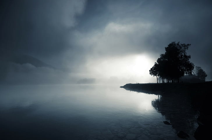 霧、湖、木、山、雲、反射、水、 HDデスクトップの壁紙