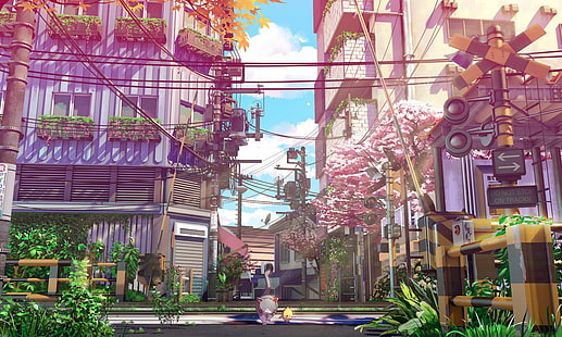 Anime, oryginał, kot, miasto, dom, drzewo, Tapety HD HD wallpaper