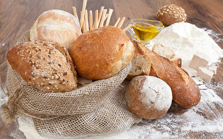 several breads, bread, round, baguette, bags, flour, butter, HD wallpaper