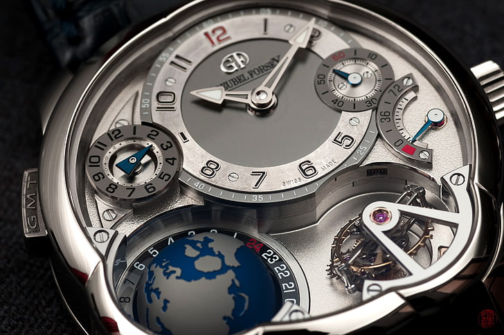 круглые серебристые аналоговые часы, часы, роскошные часы, Greubel Forsey, HD обои