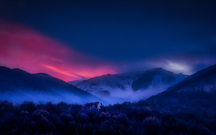 Ilustración de montaña, naturaleza, paisaje, Armenia, montañas, puesta de sol, bosque, niebla, pico nevado, cielo, árboles, Fondo de pantalla HD