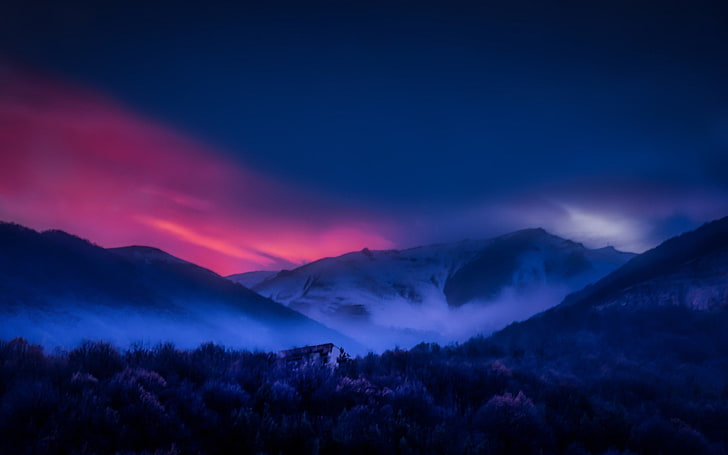 закат, Армения, лес, горы, пейзаж, туман, снежная вершина, деревья, небо, природа, HD обои