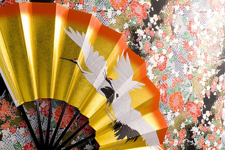 yellow and pink floral hand fan, surface, wall, pattern, texture, fan, kimono, ornament, crane, wallpaper., beautiful background, Japanese art, tsurukame, common Japanese cranes, HD wallpaper