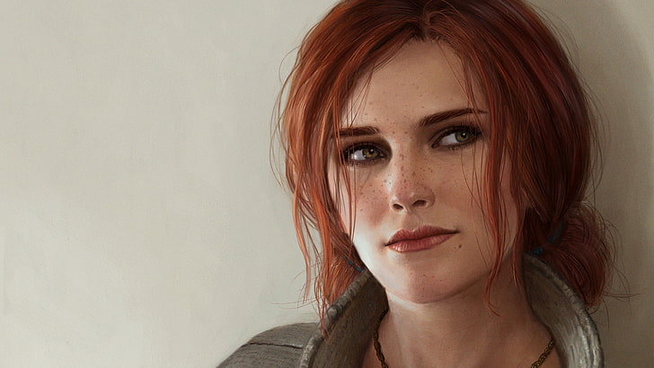 women's gray top, The Witcher, The Witcher 3: Wild Hunt, women, redhead, Triss Merigold, looking away, freckles, video games, drawing, HD wallpaper