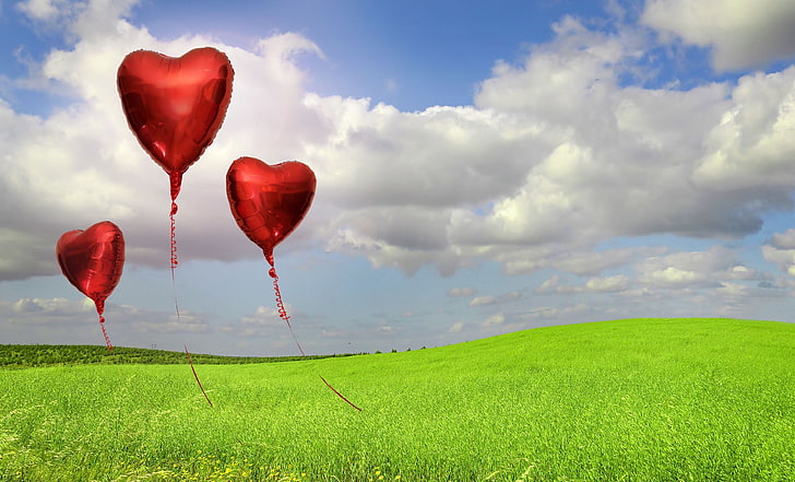 three heart-shaped balloons, greens, the sky, grass, balls, nature, balloons, background, Wallpaper, mood, colored, widescreen, full screen, HD wallpapers, HD wallpaper