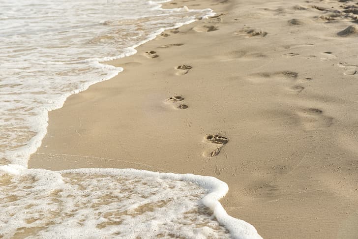 sand, wave, beach, traces, summer, sea, footprints, HD wallpaper