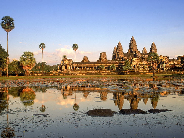 أنغكور ، كمبوديا ، غروب الشمس ، وات، خلفية HD