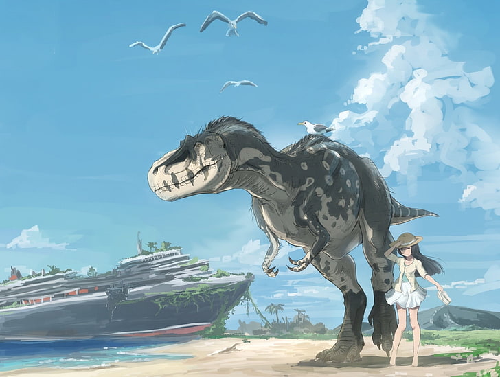 Anime, Originale, Spiaggia, Nave da crociera, Dinosauro, Ragazza, Tyrannosaurus Rex, Sfondo HD