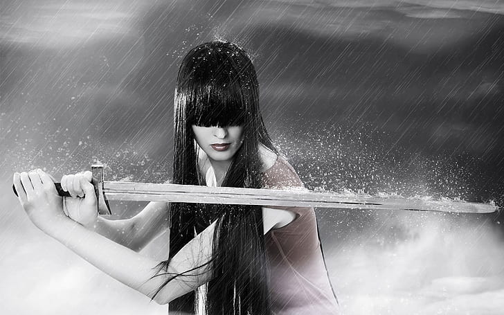 brunettes women black and white rain girls with swords swords 1680x1050 Art Black HD Art, brunettes, women, วอลล์เปเปอร์ HD